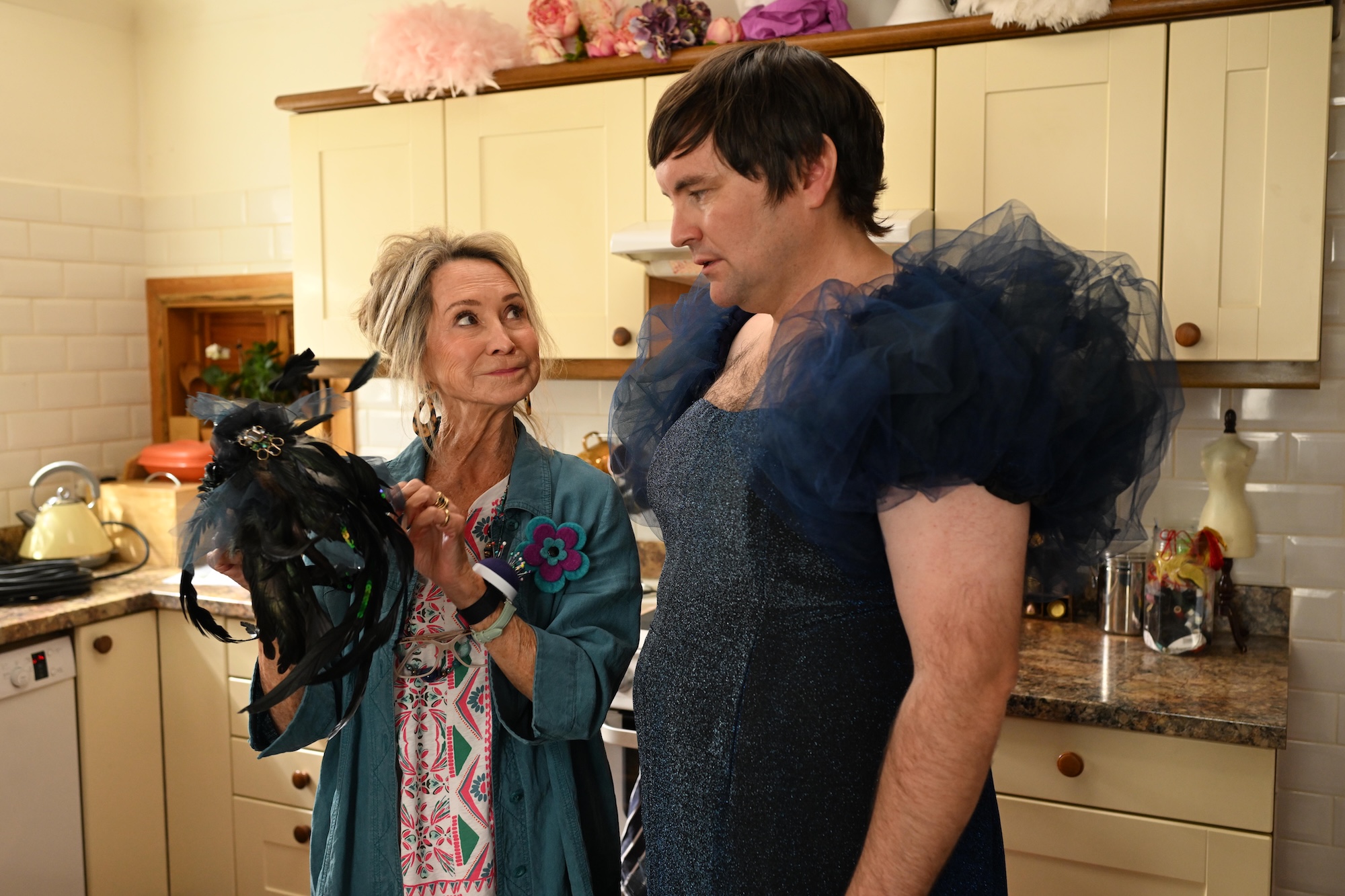 Sky NZ Originals Small Town Scandal, Sue (Felicity Kendal) With Son Toby (Tom Sainsbury)